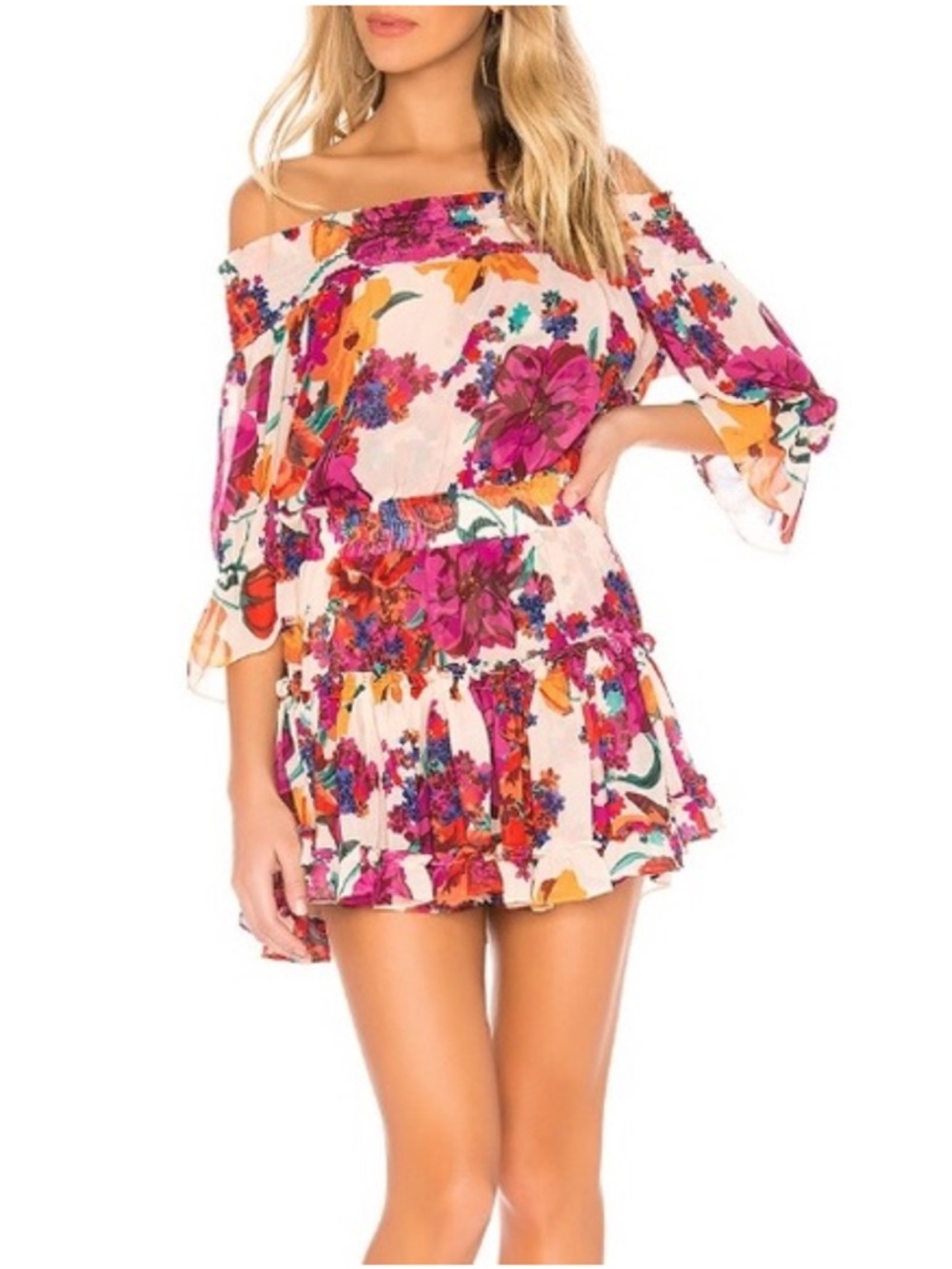 Misa Los Angeles Floral Mini Dress in Magenta, Orange & Cream